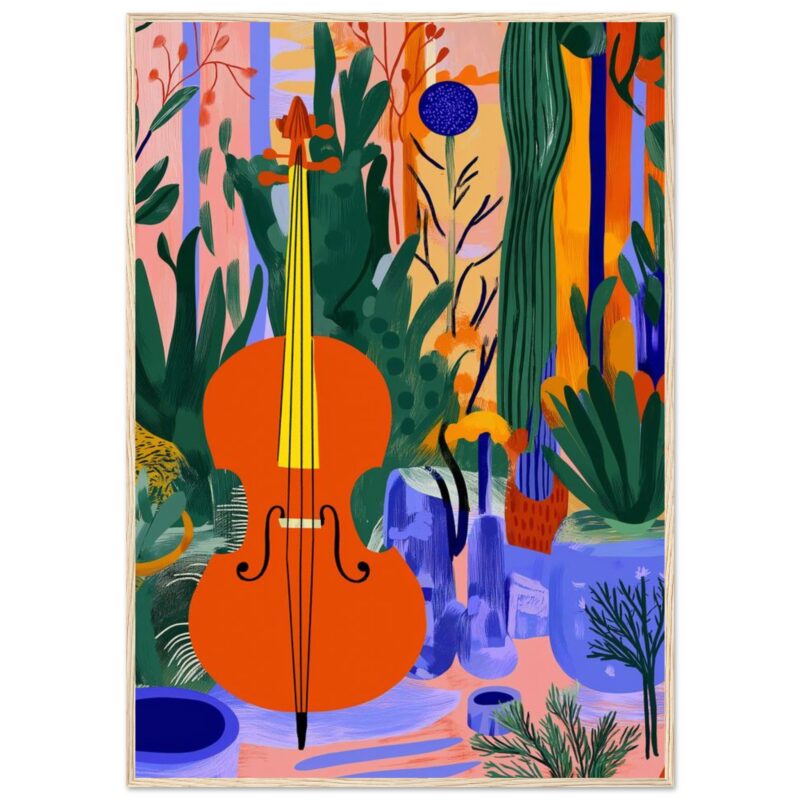Violin con fondo de naturaleza y plantas en estilo moderno.