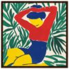 Escritura abstracta moderna con figuras de colores vibrantes y plantas tropicales. Diseño artístico y creativo para decorar espacios.