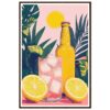 Vaso con limón, hielo y botella de cerveza en entorno tropical, estilo artístico moderno y vibrante.