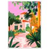 Casa colorida con estilo tropical y vegetación exuberante.