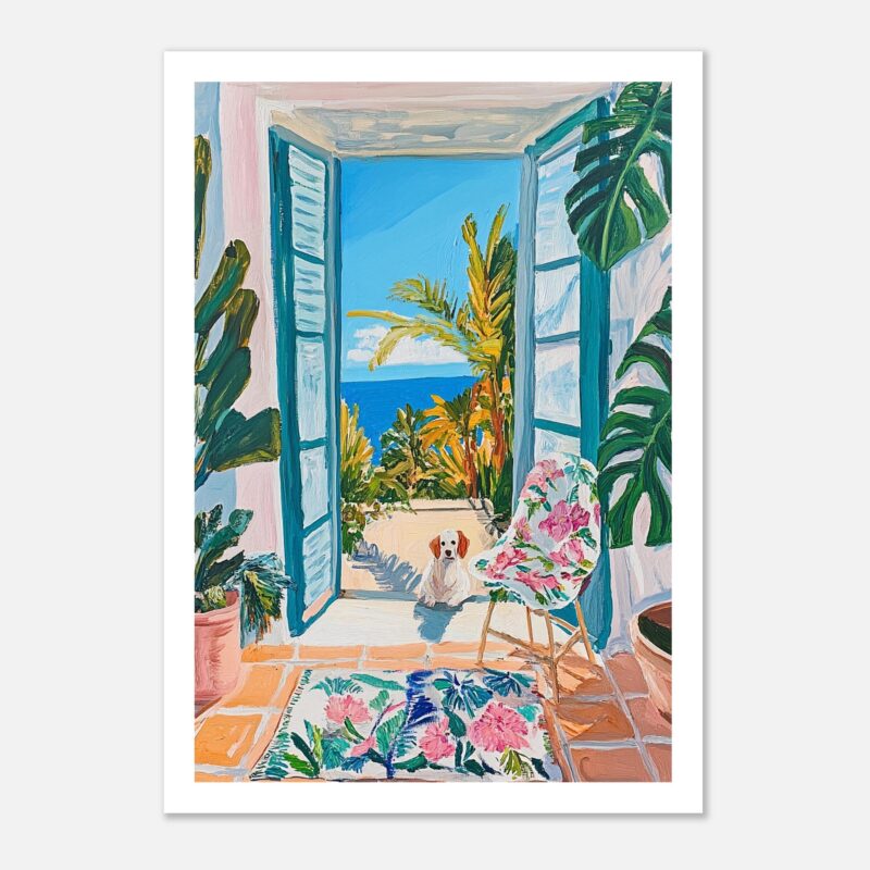 Puerta abierta hacia el mar con plantas tropicales y perro en interior.