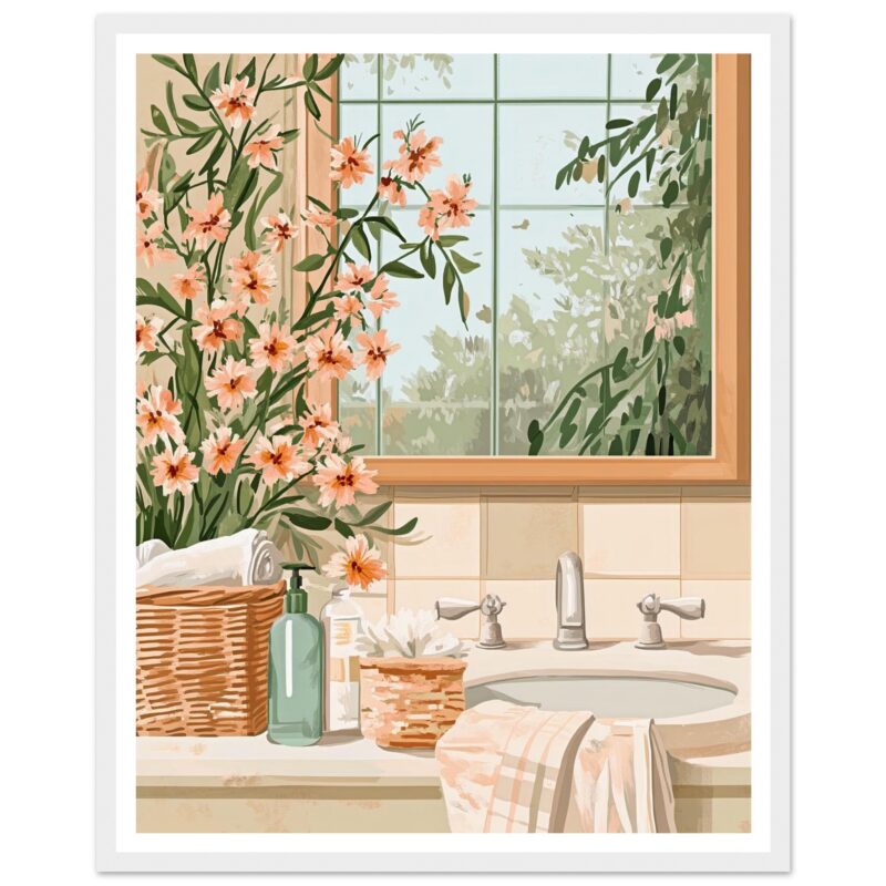 Reflejo de flores en un lavabo con macetas y un espejo grande en un baño natural y brillante.