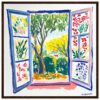 Ventana abierta con vista a jardín lleno de plantas y árboles, estilo pintura moderna para decoración artística.
