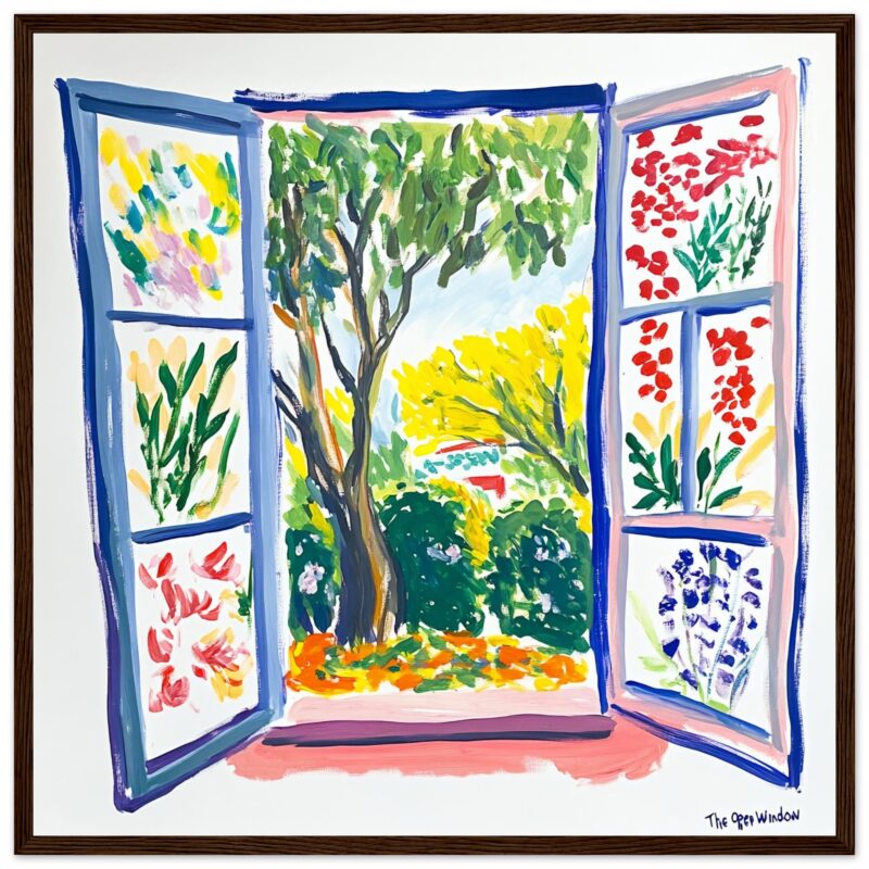 Ventana abierta con vista a jardín lleno de plantas y árboles, estilo pintura moderna para decoración artística.