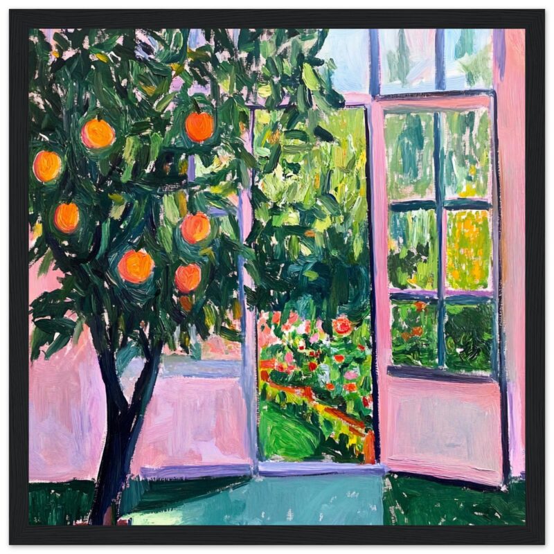 Manzana naranja en árbol frutal, estilo pintura impresionista, vista desde ventana familiar, naturaleza vibrante y colorida, arte y decoración Hogar.