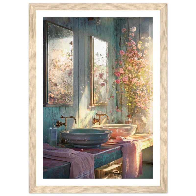 Baños con espejos y flores, estilo artístico y decorativo.