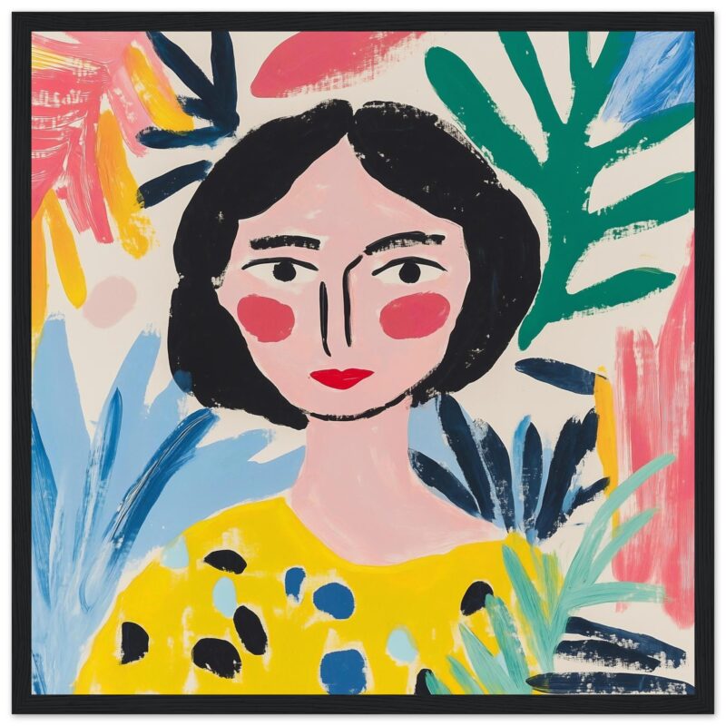 Retrato artístico de mujer moderna con colores vibrantes y estilo abstracto, perfecto para decoración con arte contemporáneo.