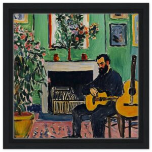 Guitarrista tocando en interior con plantas y arte, estilo pintura artística, obra de Digiart Studio.