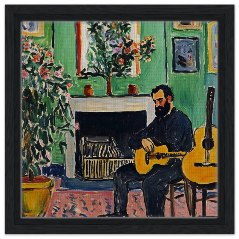 Guitarrista tocando en interior con plantas y arte, estilo pintura artística, obra de Digiart Studio.