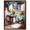 Espejo ovalado en baño clásico con lavabo de madera y personalidad vintage.