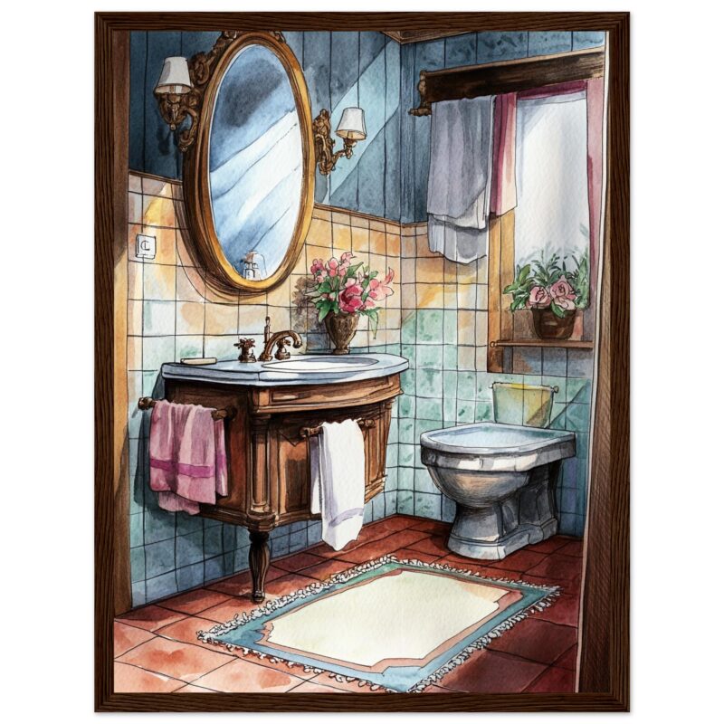 Espejo ovalado en baño clásico con lavabo de madera y personalidad vintage.