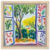 Coloreada pintura de un jardín con árboles y flores vistos desde una ventana.