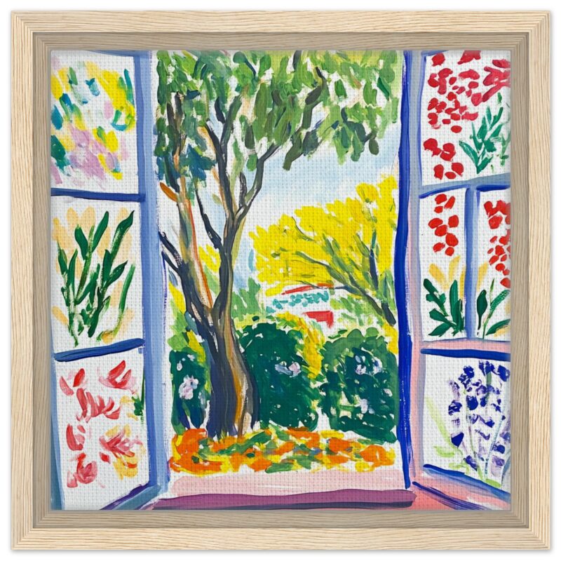 Coloreada pintura de un jardín con árboles y flores vistos desde una ventana.