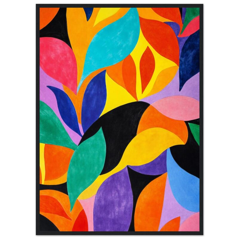 Vibrante obra de arte abstracta con formas de hojas en colores neón y fondo púrpura, ideal para decoración moderna.