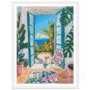 Puerta abierta con vista al mar, plantas tropicales y perro en interior con estilo colorido.