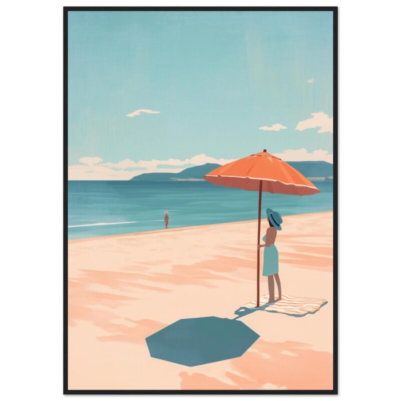Sombrilla en la playa con mujer y paisaje marítimo, ilustración digital de estilo minimalista y vibrante.