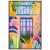 Ventana de jardín tropical rodeada de plantas coloridas, estilo artístico digital vibrante y moderno.