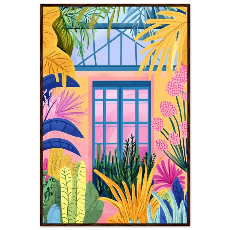 Ventana de jardín tropical rodeada de plantas coloridas, estilo artístico digital vibrante y moderno.