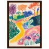 Colores vibrantes y estilo artístico en pintura de paisaje con árboles y sendero.