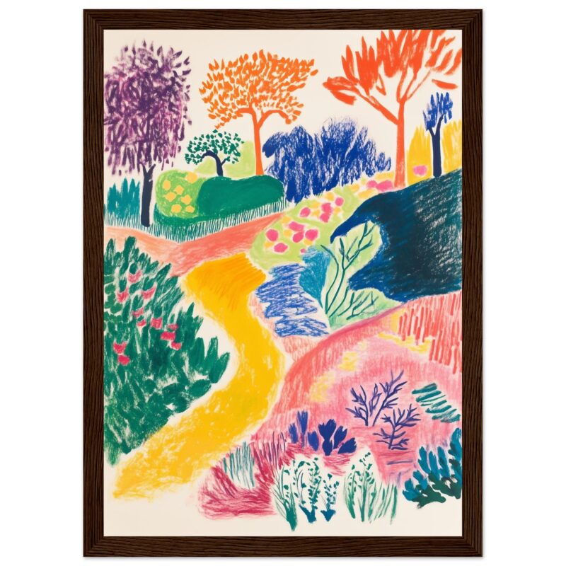 Colores vibrantes y estilo artístico en pintura de paisaje con árboles y sendero.
