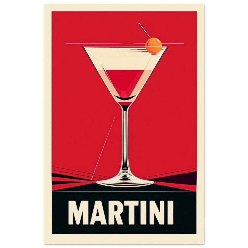 Cóctel Martini vintage, cartel publicitario de estilo retro, arte estilo pop art, diseño gráfico llamativo.