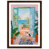 Dibujo de una terraza con vista al mar y plantas en macetas, estilo pintura al óleo, decorativo y colorido.