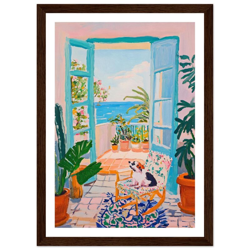 Dibujo de una terraza con vista al mar y plantas en macetas, estilo pintura al óleo, decorativo y colorido.