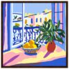Clara ilustración de un interior con florero y frutas en el balcón, estilo artístico colorido y moderno.