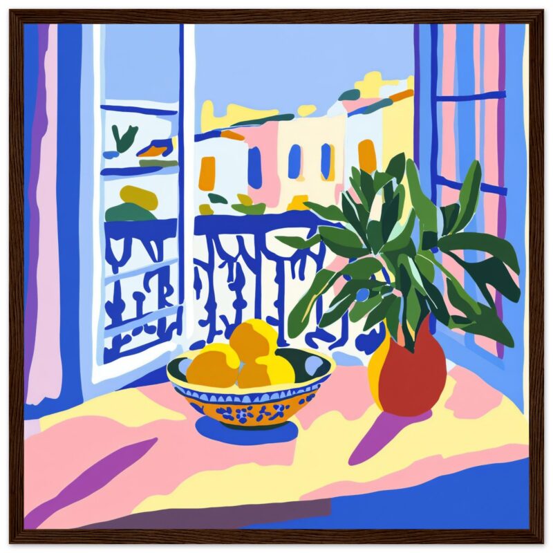 Clara ilustración de un interior con florero y frutas en el balcón, estilo artístico colorido y moderno.