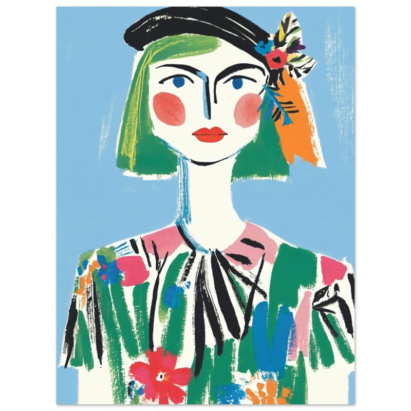 Vistoso retrato estilo arte moderna con mujer de cabello verde y accesorios florales, ilustración digital colorida y vibrante.
