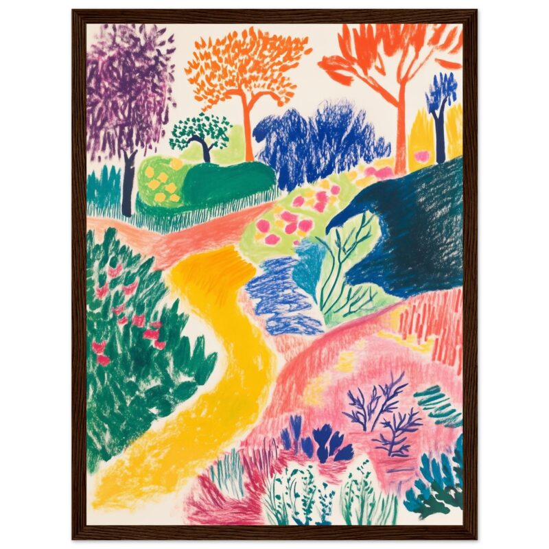 Colores vibrantes y árboles en un paisaje colorido pintado con crayones.