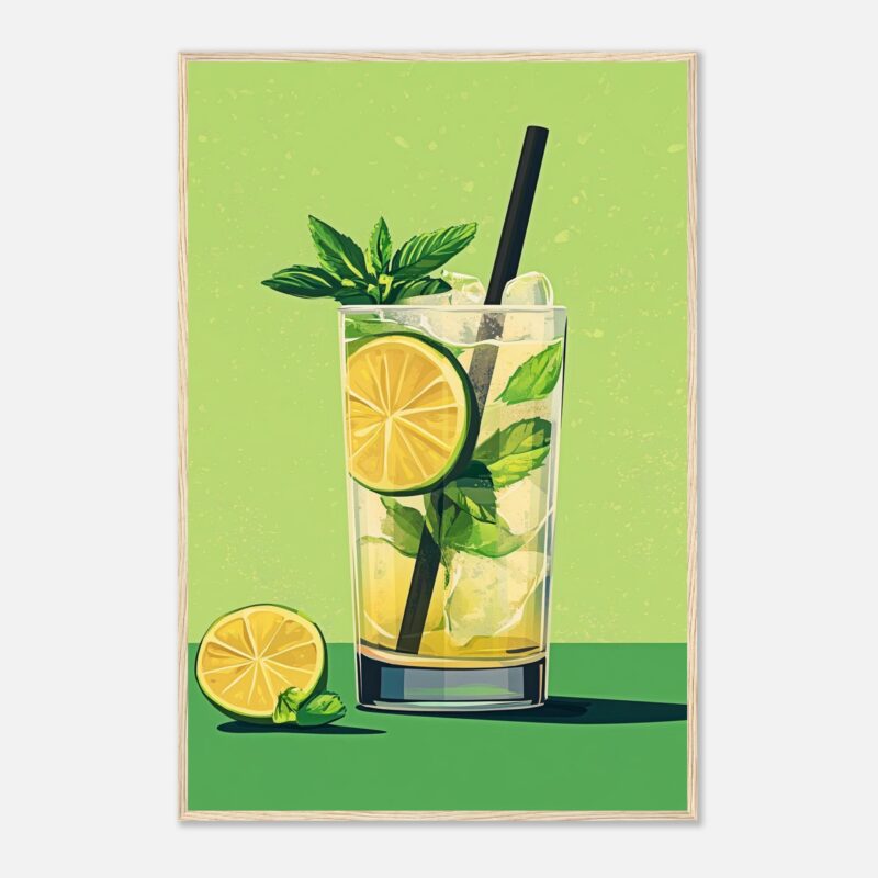 Refresco de limón y menta en vaso alto con hielo y pajilla.