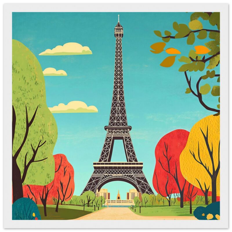 Torre eiffel ilustración digital colorida y moderna, arte digital de París, paisaje urbano y arquitectura parisina, fondo azul cielo.