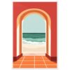 Creatividad digital de una vista de la playa a través de una puerta arqueada en estilo minimalista.
