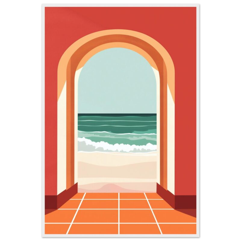 Creatividad digital de una vista de la playa a través de una puerta arqueada en estilo minimalista.