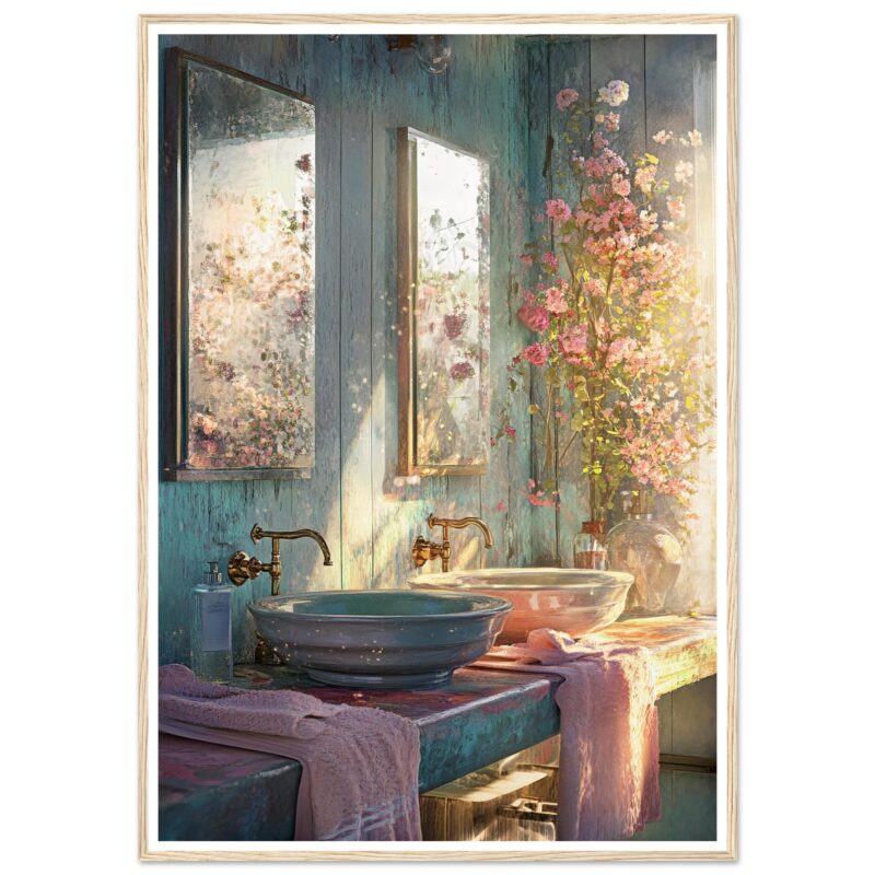 Digiart estudio, pintura de baño con espejos y flores en tonos pastel, estilo artístico digital, decoración interior con naturaleza, arte moderno y relajante.