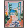 Puerta abierta con vista al mar y plantas en maceta - pintura artística inspirada en paisajes mediterráneos.