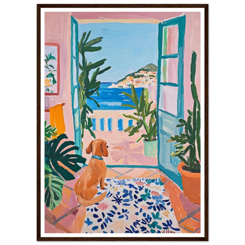 Puerta abierta con vista al mar y plantas en maceta - pintura artística inspirada en paisajes mediterráneos.