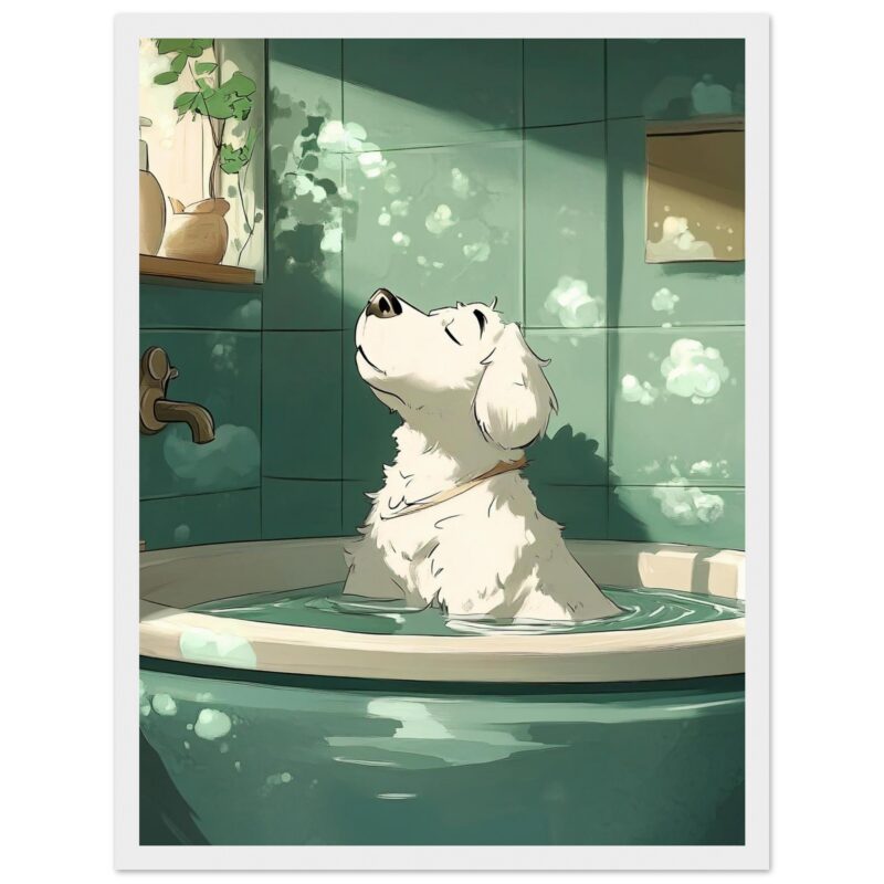 955be536-d315-43f0-a386-fd8db5652b96.jpg Dibujo digital de un perro saliendo de una bañera con ojos cerrados y expresión relajada. Ilustración de estilo artístico y colorido sereno.