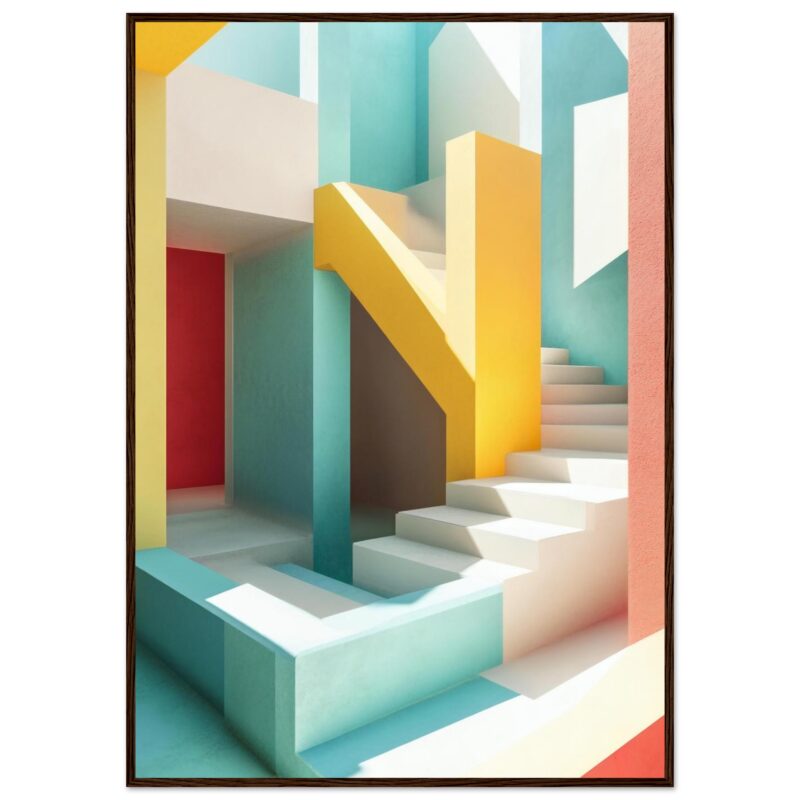 Titulación: Escalera moderna de colores en arte digital, vivienda minimalista.