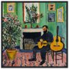 Guitarrista en interior con plantas y obras de arte en el fondo, estilo vibrante y colorido.