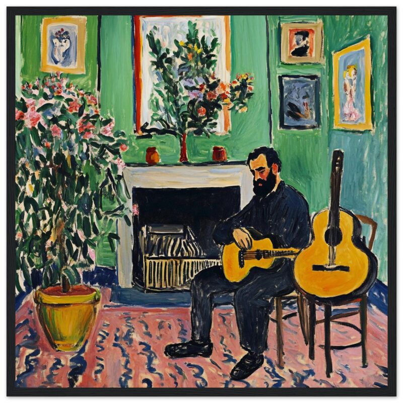 Guitarrista en interior con plantas y obras de arte en el fondo, estilo vibrante y colorido.
