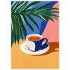 Taza de café con fondo colorido y planta decorativa en estilo ilustración digital.