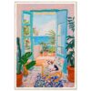 Puerta abierta a balcón con vista al mar, pintura moderna de estilo colorido y vibrante, decoración mediterránea, arte digital de Digiart Studio.