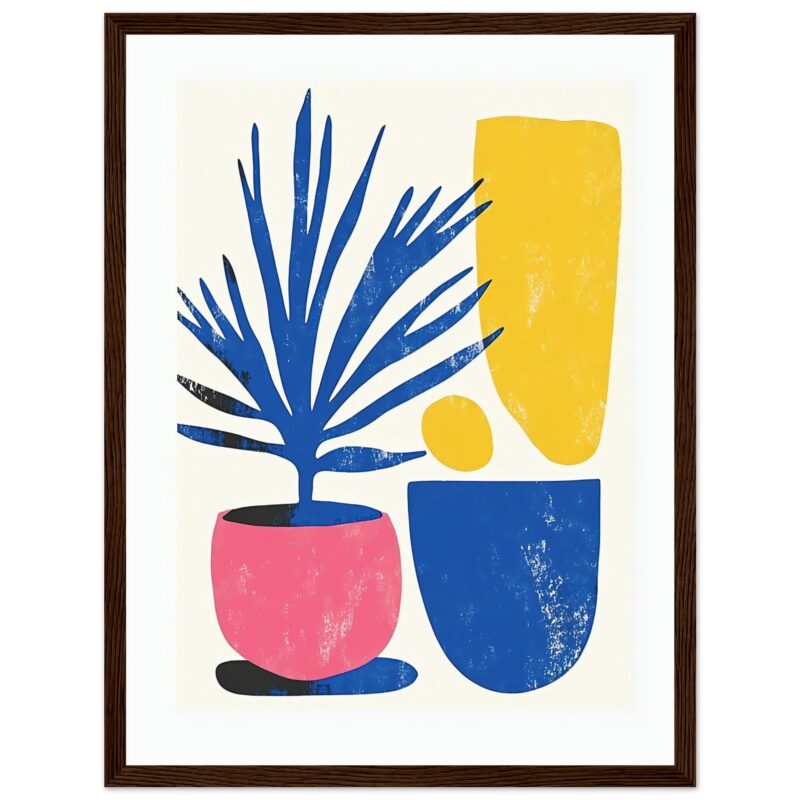 Trazado abstracto de plantas y macetas en estilo moderno con colores vibrantes y texturas desgastadas.