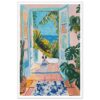 Ventana abierta con plantas tropicales y vista al mar en pintura artística.