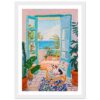 Puerta de madera azul abierta vista al mar en pintura estilo mediterráneo.
