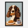 Perro con croissant y taza de café, ilustración digital estilo moderno, arte de mascota, arte digital de animales, creación para amantes de perros.