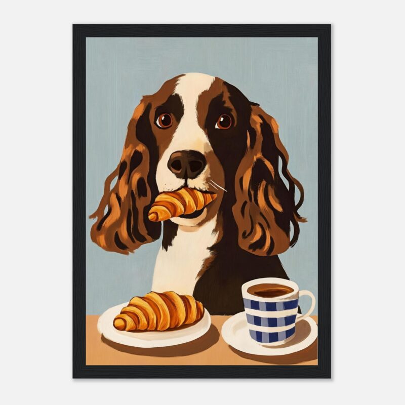 Perro con croissant y taza de café, ilustración digital estilo moderno, arte de mascota, arte digital de animales, creación para amantes de perros.