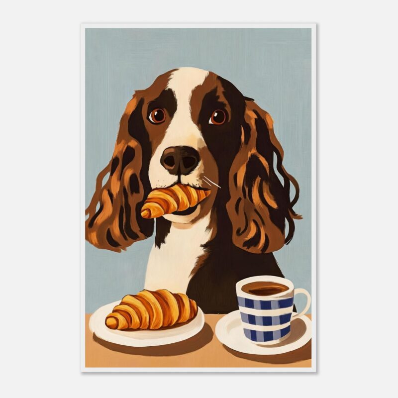 Perro con croissant en la boca dibujo digital, estilo moderno y colorido para decoración y arte digital.